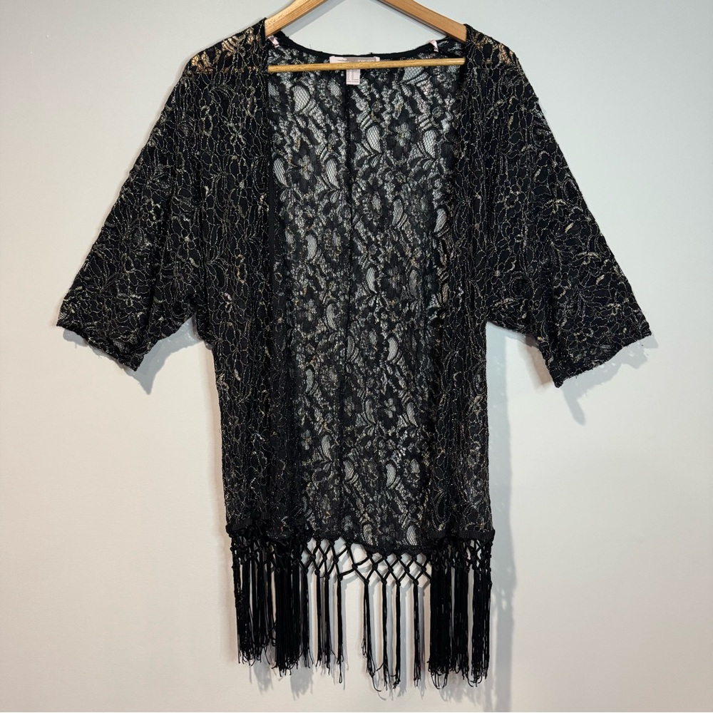 Forever 21 Black Lace Kimono Metallic Gold Fringe Whimsigoth Festival Goth XS